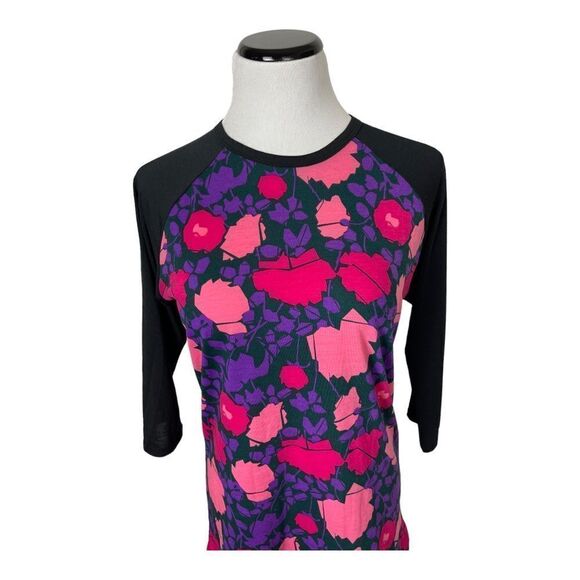 LuLaRoe Sz Small 3/4 Sleeves Baseball Tee Floral Purple Pink Raglan Top EUC - Picture 2 of 9